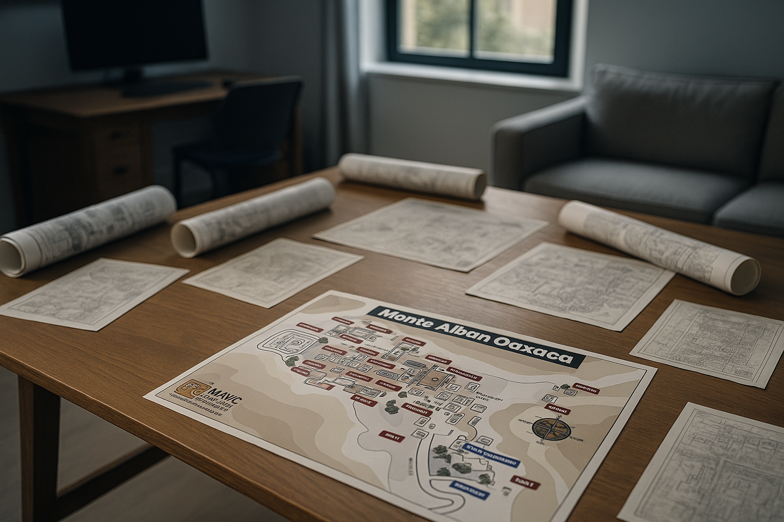 Printed Monte Albán maps laid out on a table in an architect's studio