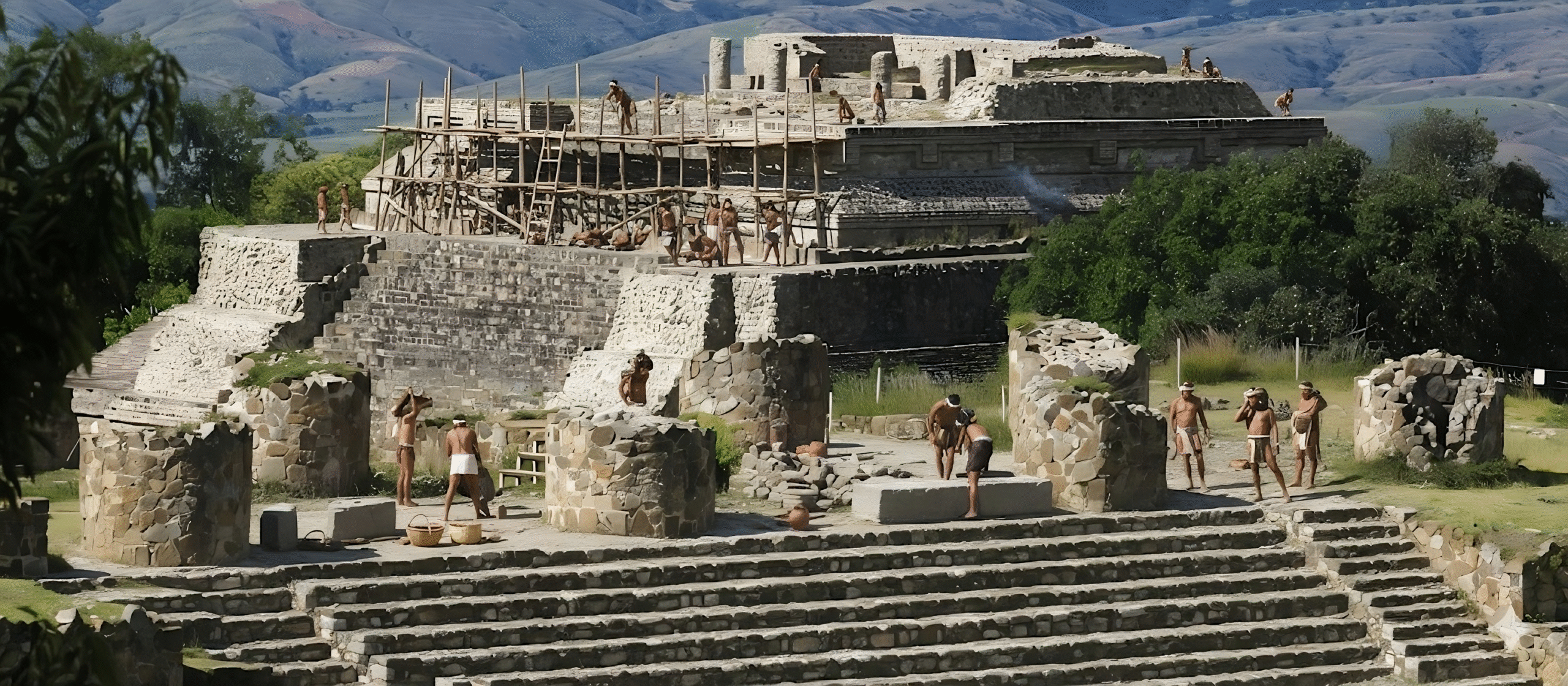 Panoramic view of the ancient ruins of Monte Albán at sunset
