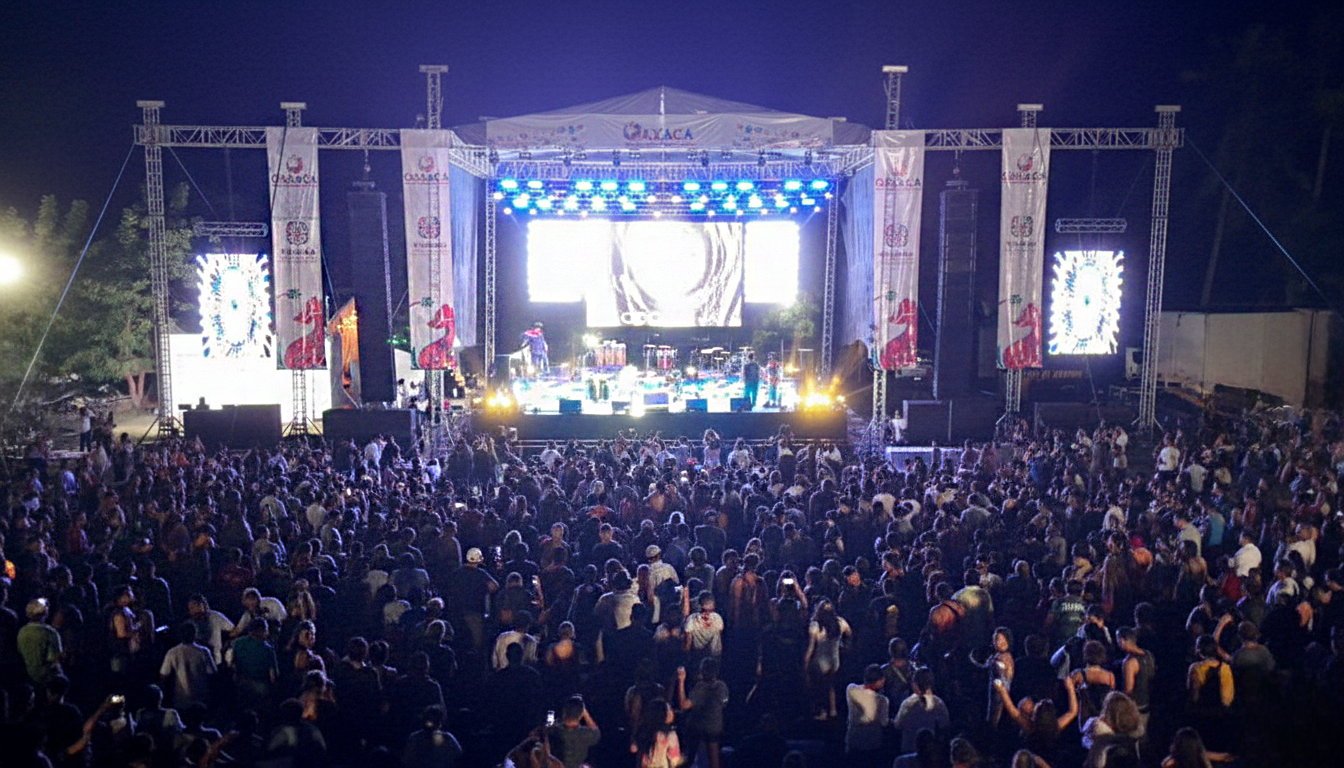 Una gran multitud reunida por la noche durante la presentación de cierre del Festival de Jazz de Mazunte, con luces de escenario iluminando a los músicos y el océano visible al fondo