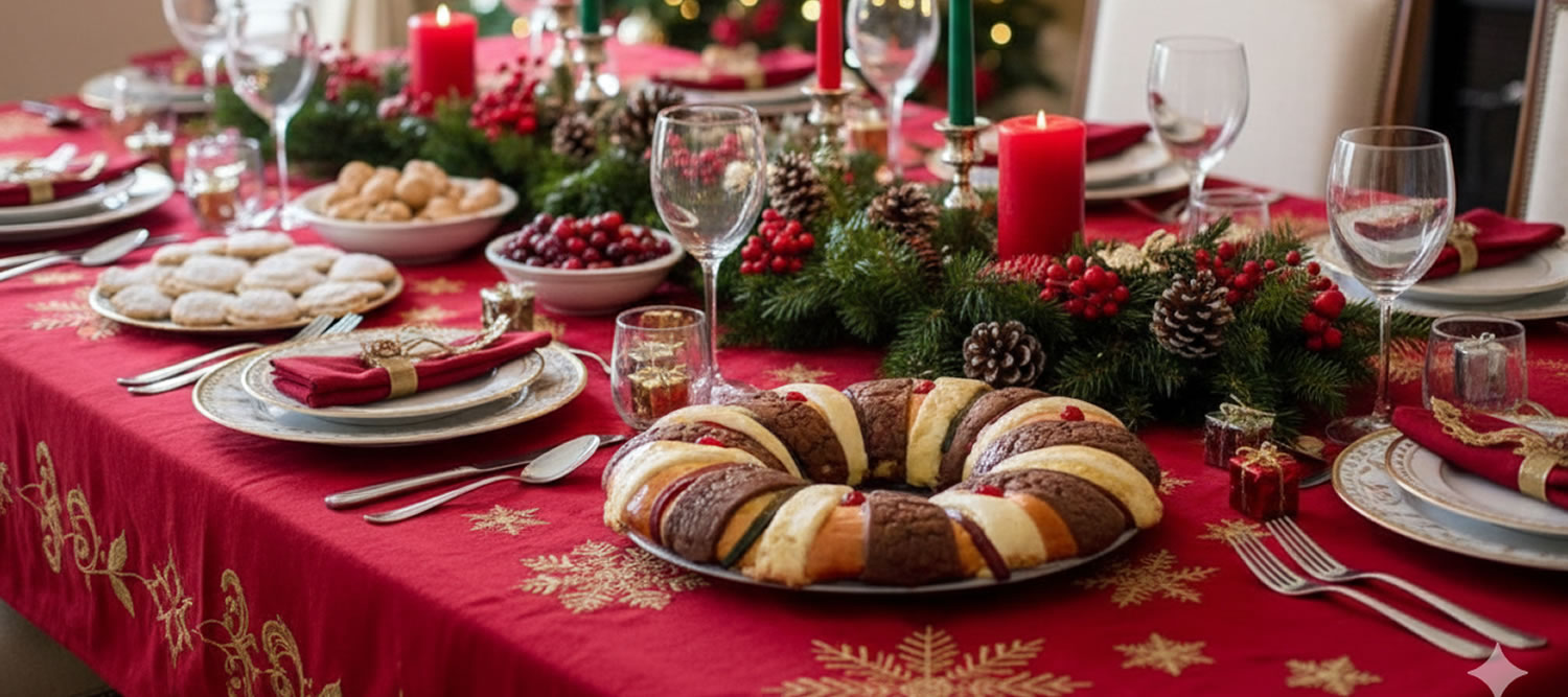 A large oval Rosca de Reyes, decorated with vibrant candied fruits and cream stripes, served alongside steaming cups of Oaxacan hot chocolate and tamales.
