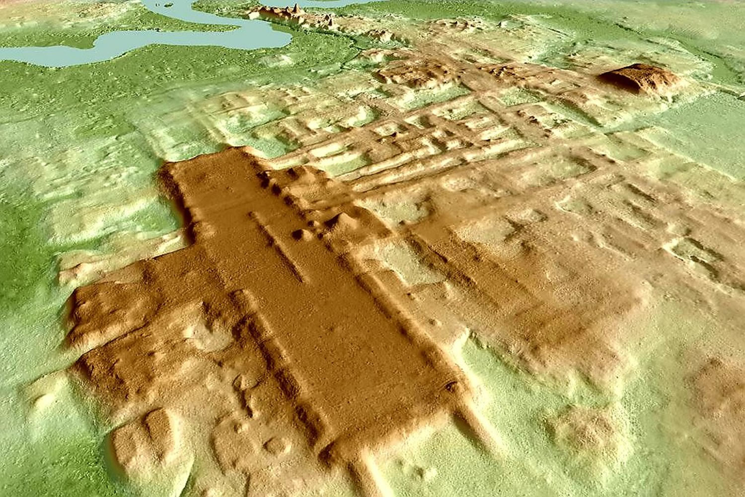 Una vista amplia en imagen conceptual que representa la vasta plataforma de tierra y las calzadas de Aguada Fénix en Tabasco, México