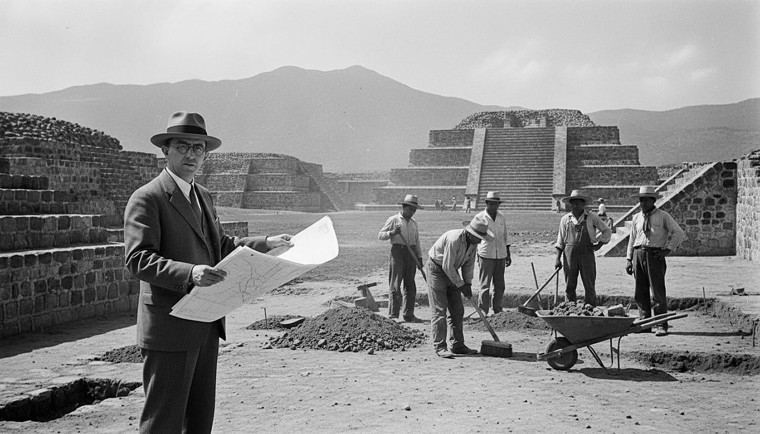 Black and white portrait of Alfonso Caso standing amid the ancient ruins of Monte Albán with pyramids in the background
