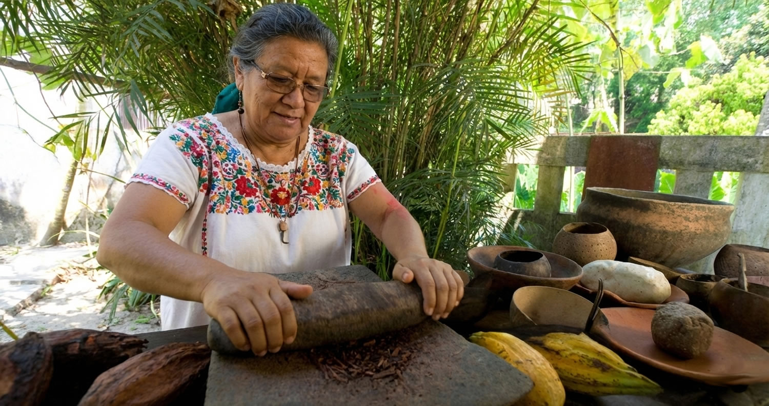 Una escena tradicional oaxaqueña con un metate de piedra moliendo granos de cacao, rodeado de vainas secas y una jícara espumosa de chocolate.