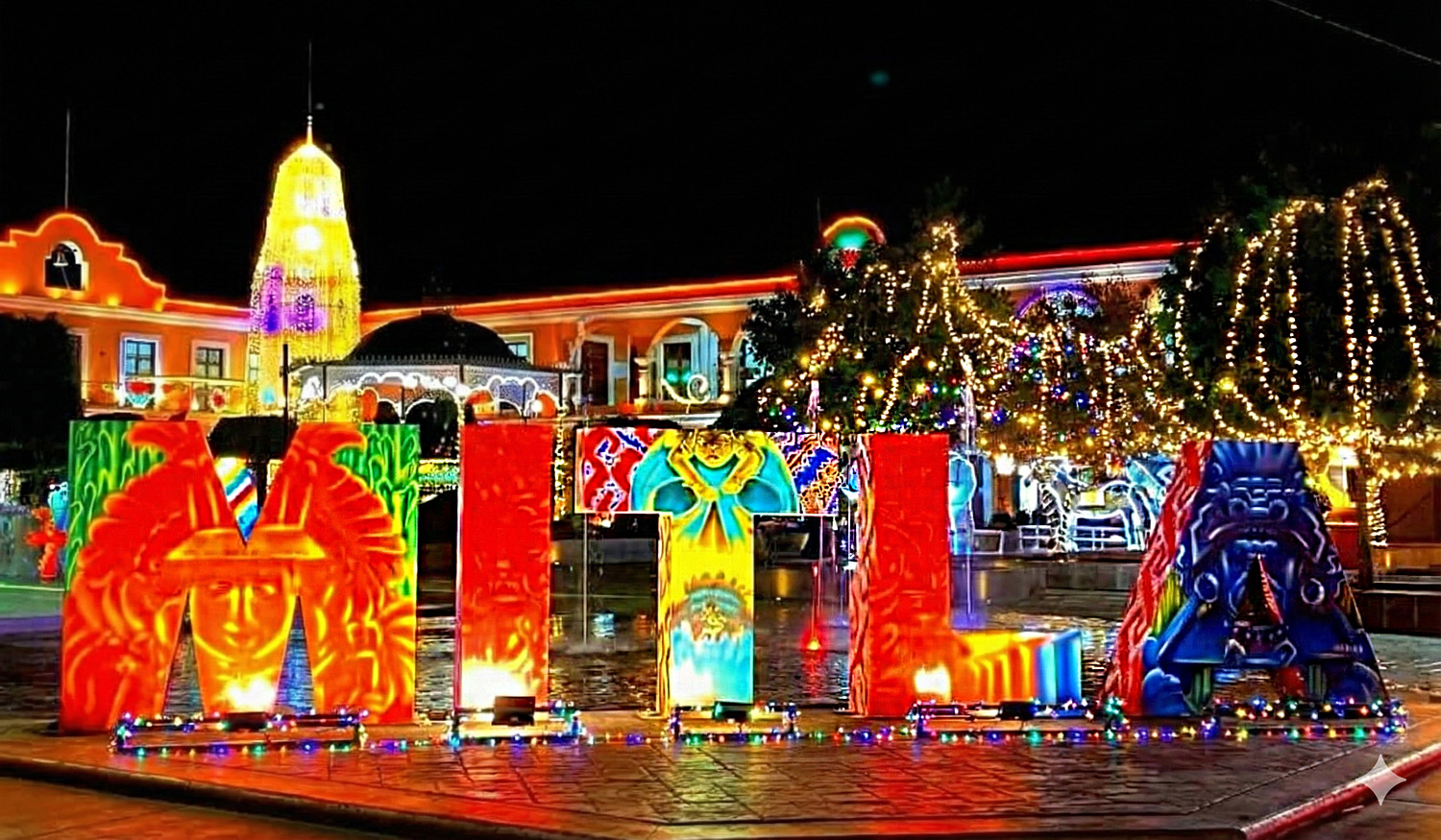 The illuminated church and town square of San Pablo Villa de Mitla decorated for Christmas