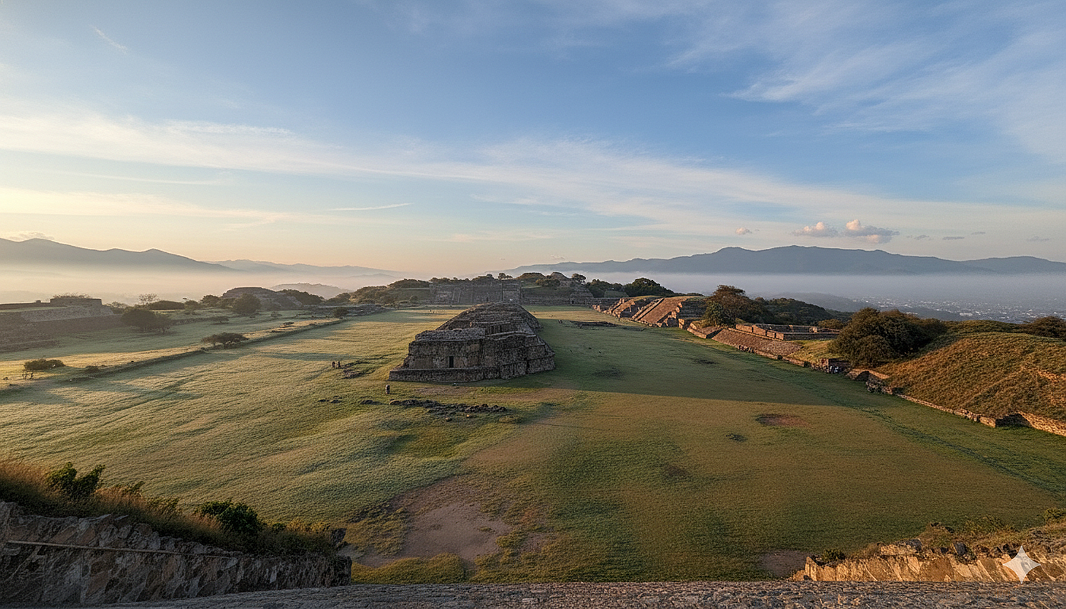Golden hour over Monte Albán with the Oaxaca Valley stretching below