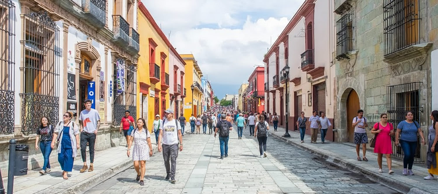 View of central Oaxaca bustling with Holy Week travelers