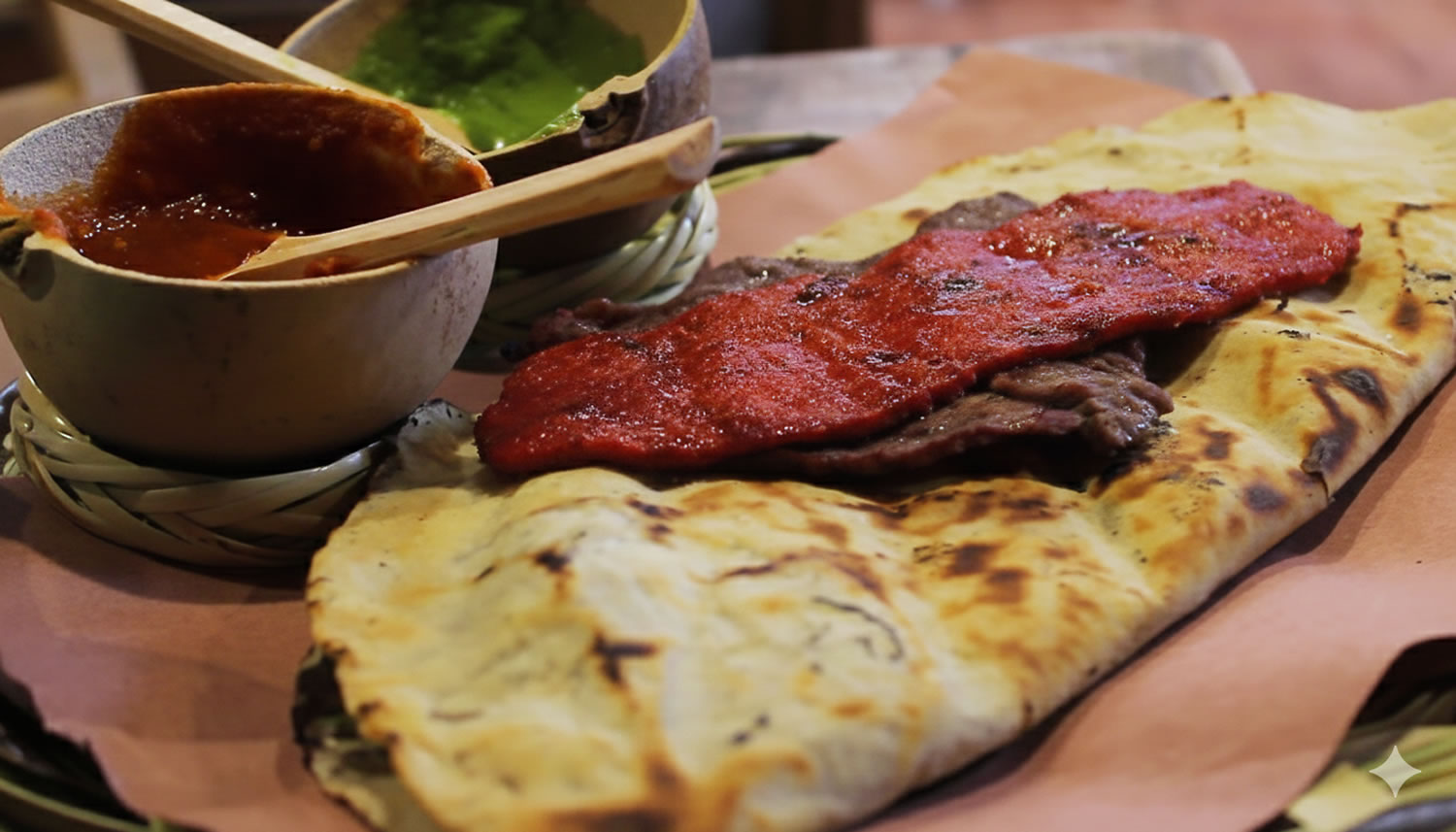 A tlayuda, a large Oaxacan toasted tortilla topped with beans and other ingredients