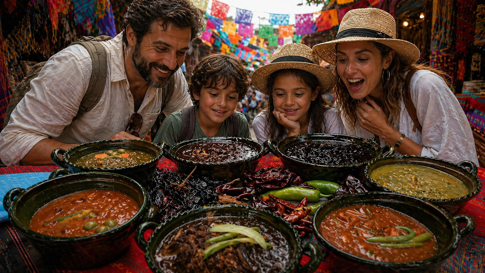 Visitors sampling a variety of colorful traditional mole sauces at tasting stations inside the Centro Gastronómico de Oaxaca during the annual festival