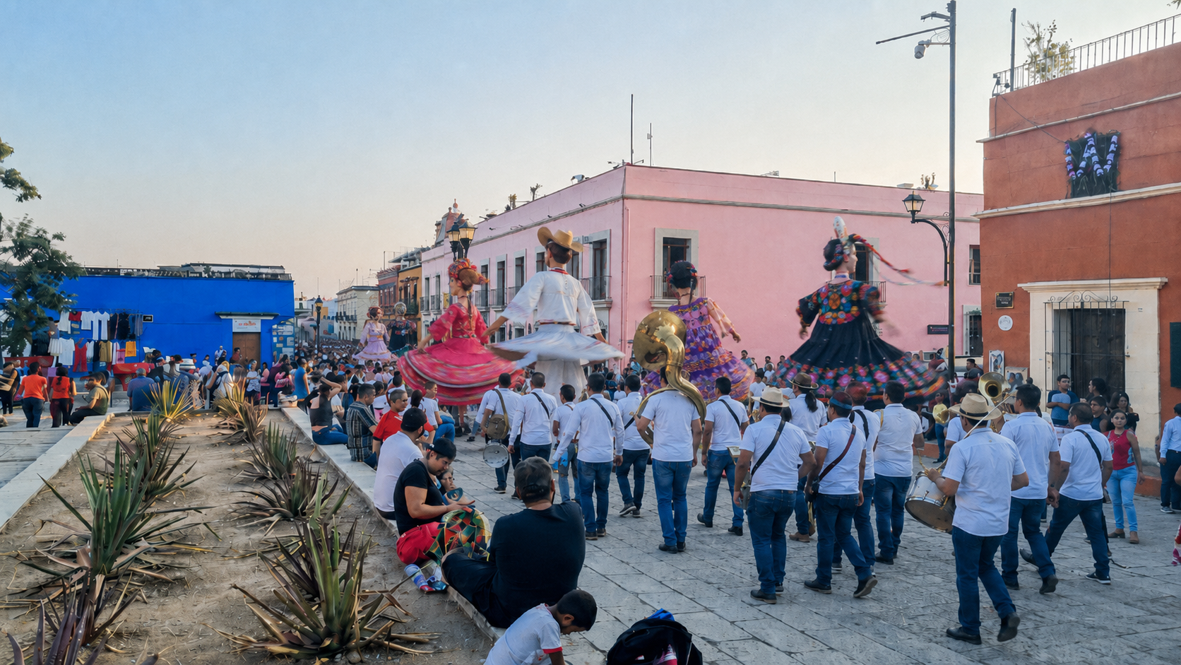 Vista de una calle del centro histórico de Oaxaca durante la temporada de fiestas de julio, con peatones y edificios coloniales bajo un cielo despejado