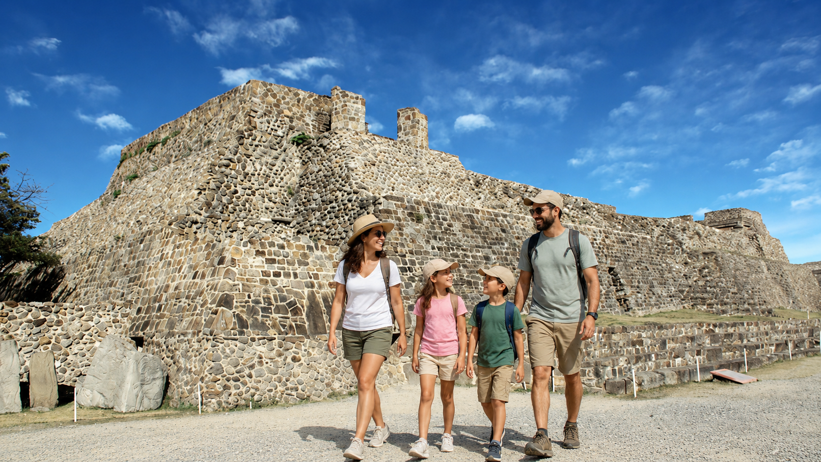 The Gran Plaza of Monte Albán at morning, with stone platforms and temples framing wide views across the Oaxaca Valley