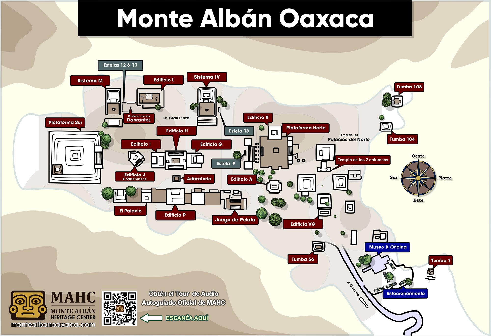 Mapa imprimible detallado de la zona arqueológica de Monte Albán