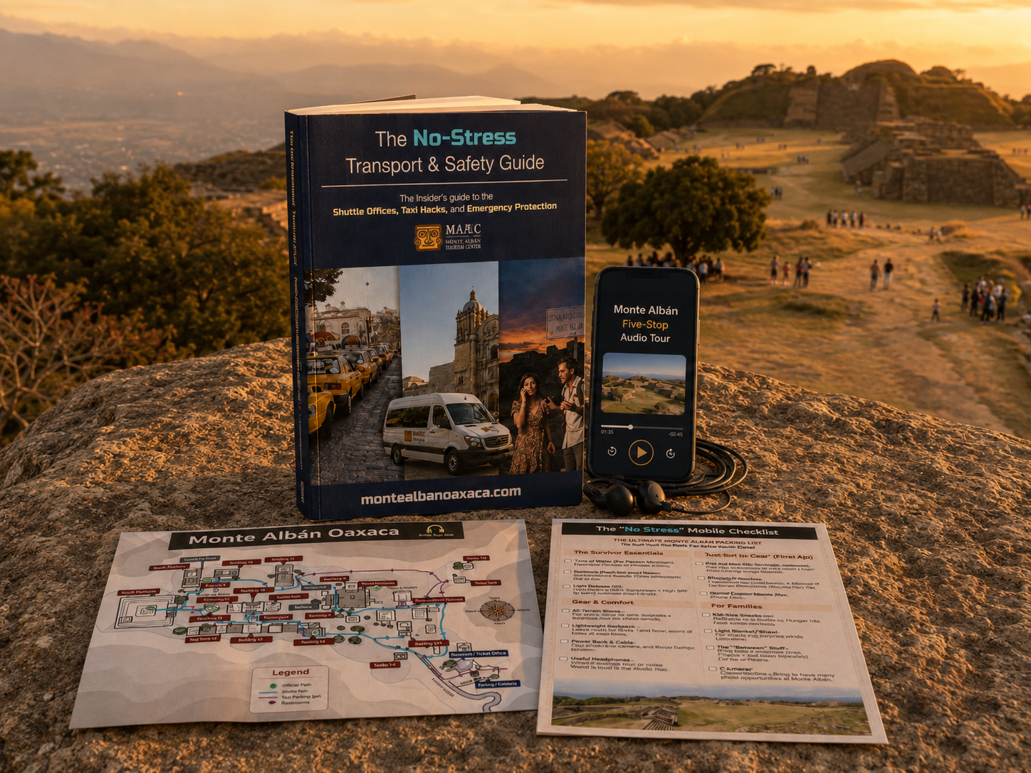 Monte Albán audio tour package with audio player, path map, checklist and transport guide